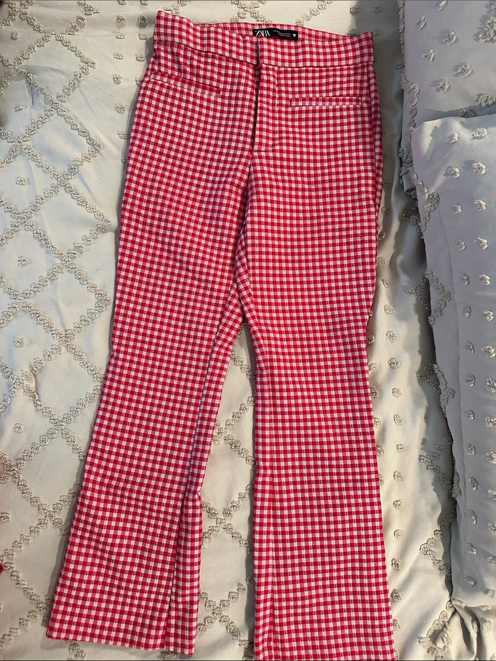 Zara Red and White Gingham Slim Flare Pants